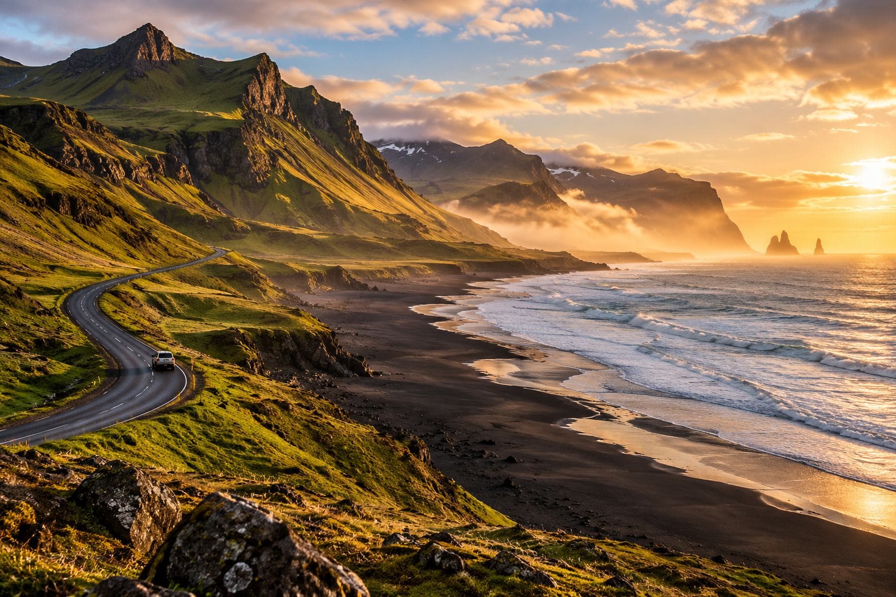 Iceland coastal mountains at golden hour