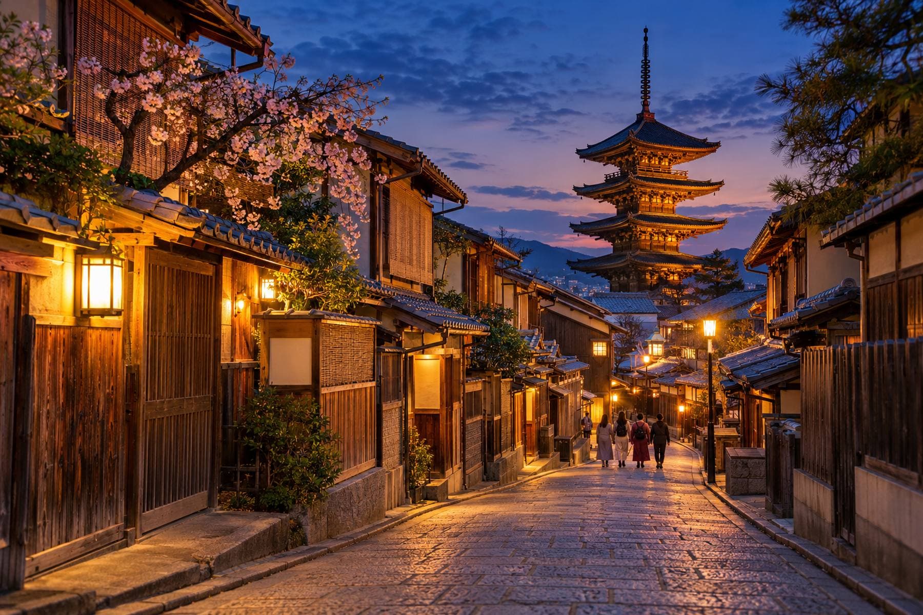 A Kyoto lane and pagoda at blue hour