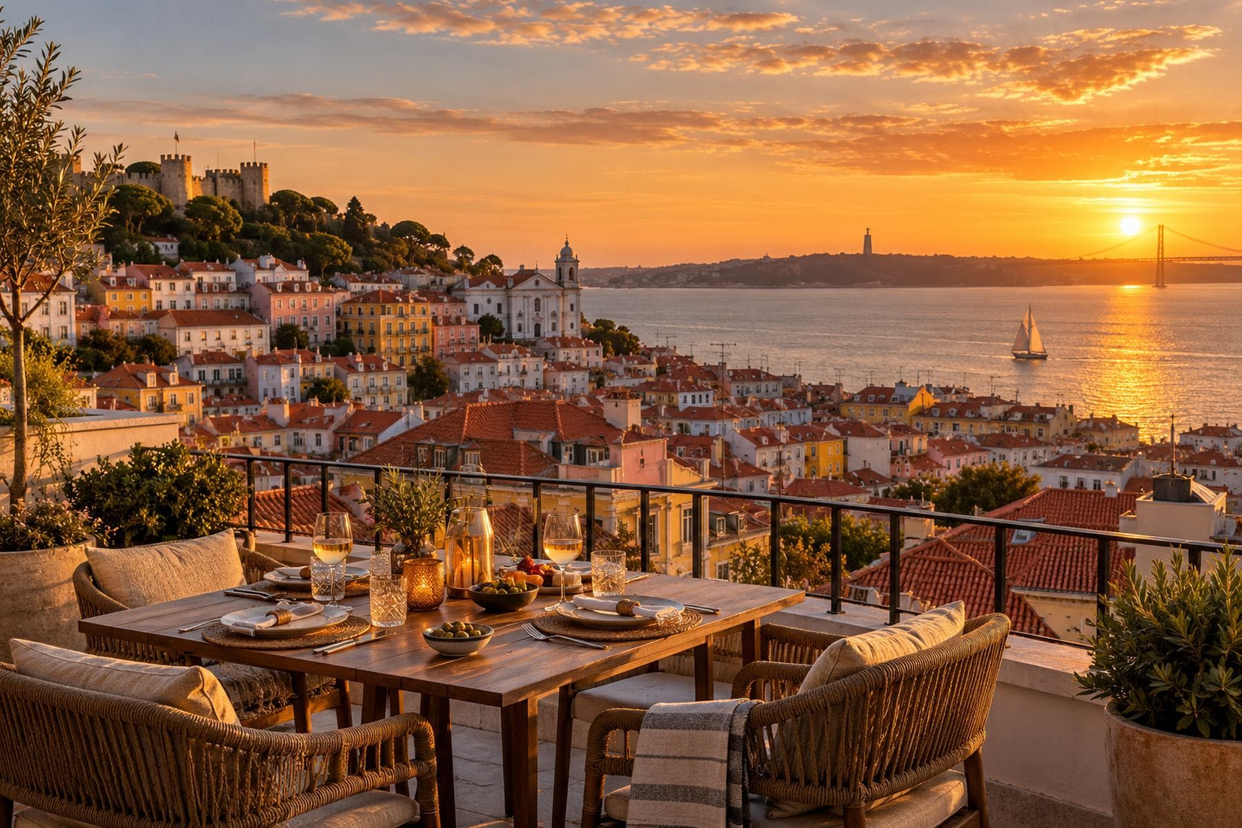 Lisbon rooftops above the Tagus at sunset