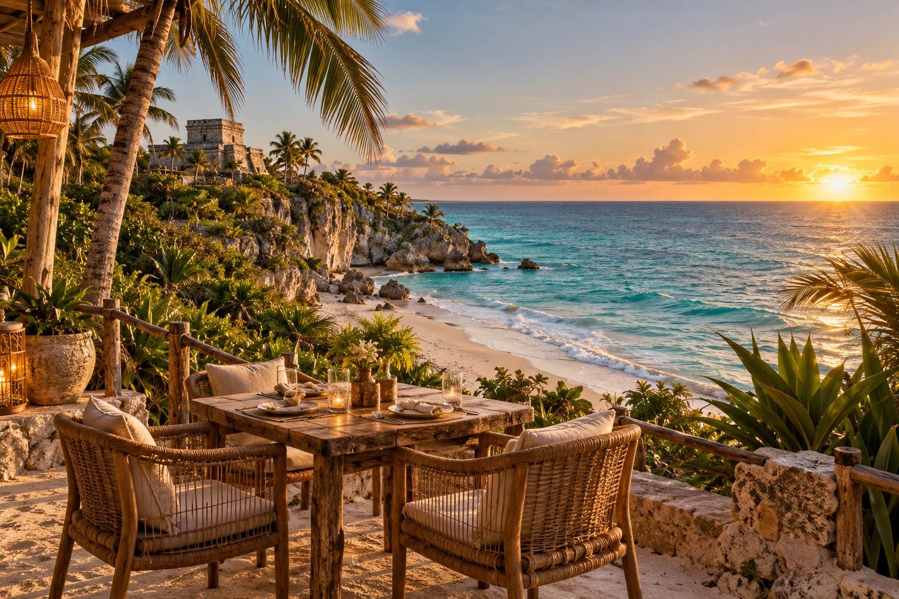 A Tulum beach with palms at golden hour