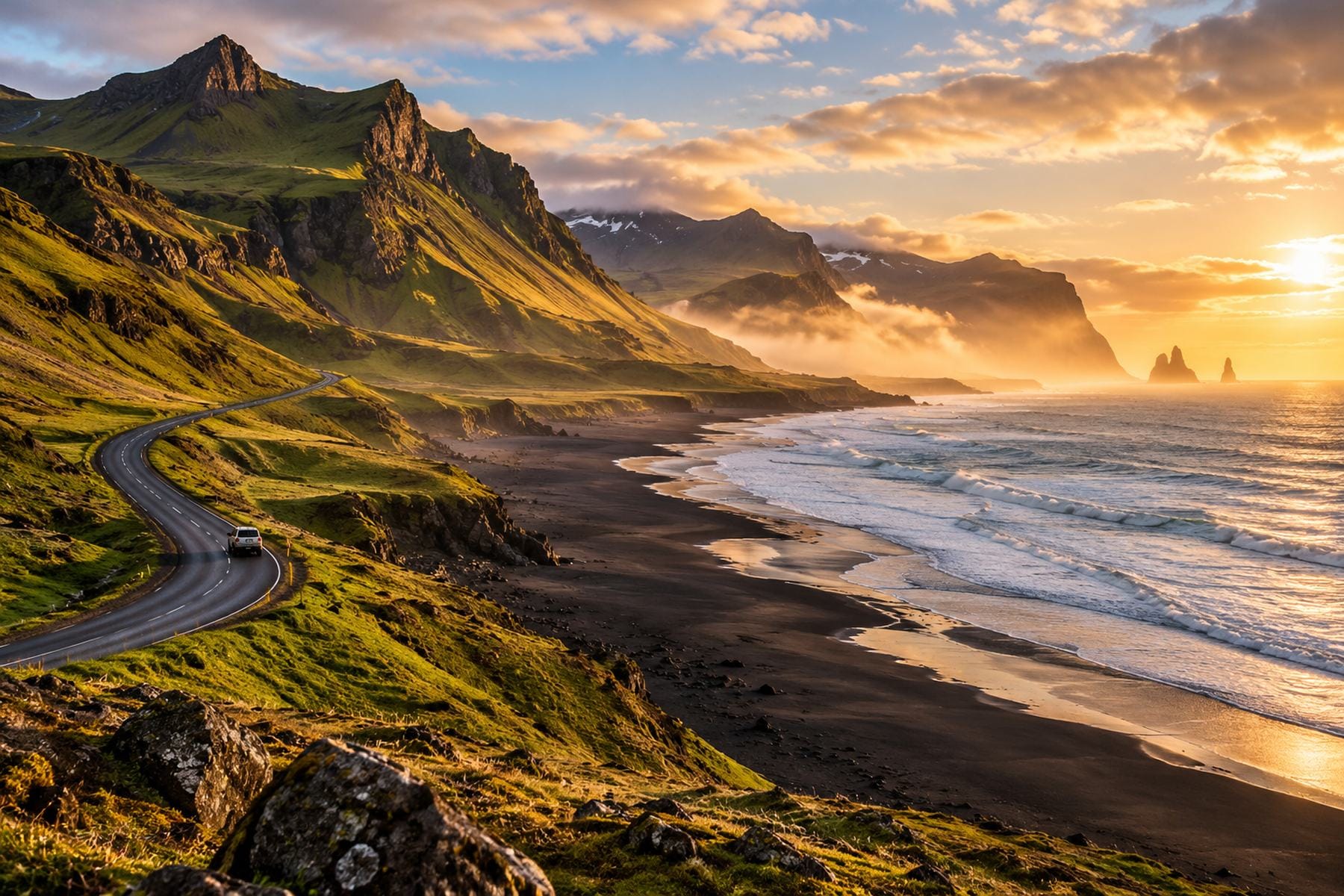 Iceland coastal mountains at golden hour